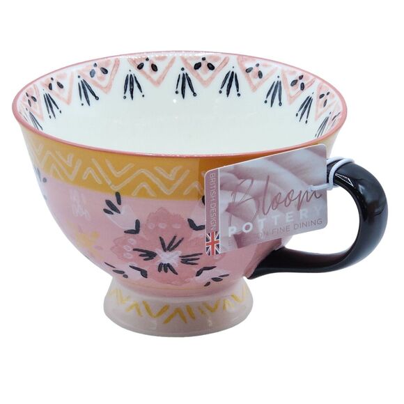 Bloom Pottery Set of 2 Pedestal Ceramic Tea Cups Coffee Mug Hand-Painted Floral - Picture 13 of 16